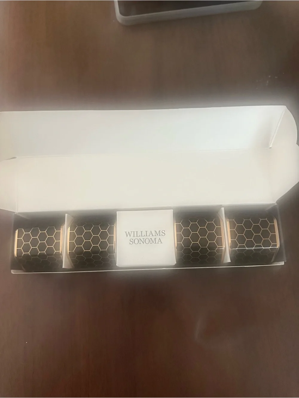 Williams Sonoma Gold and Black Honeycomb Napkin Rings, Set of 4